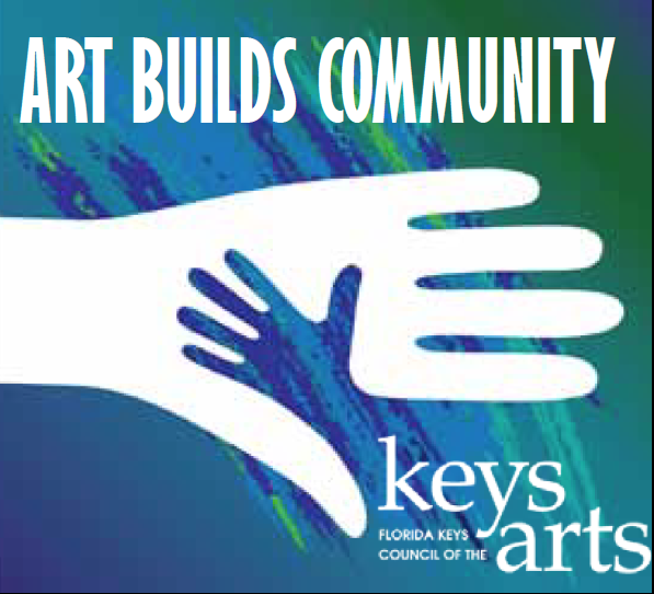 Art Builds Community: a child's hand resting in an adult's over a blue and green painted ground, with the Florida Keys Council of the Arts mark.