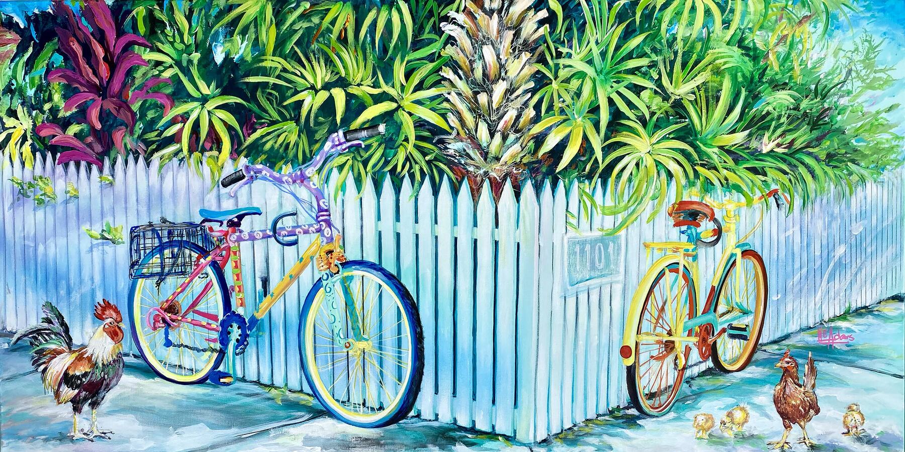 Two brightly painted bicycles leaning against a white picket fence on a Key West street, with a rooster, a hen and chicks on the sidewalk and dense green tropical planting behind.