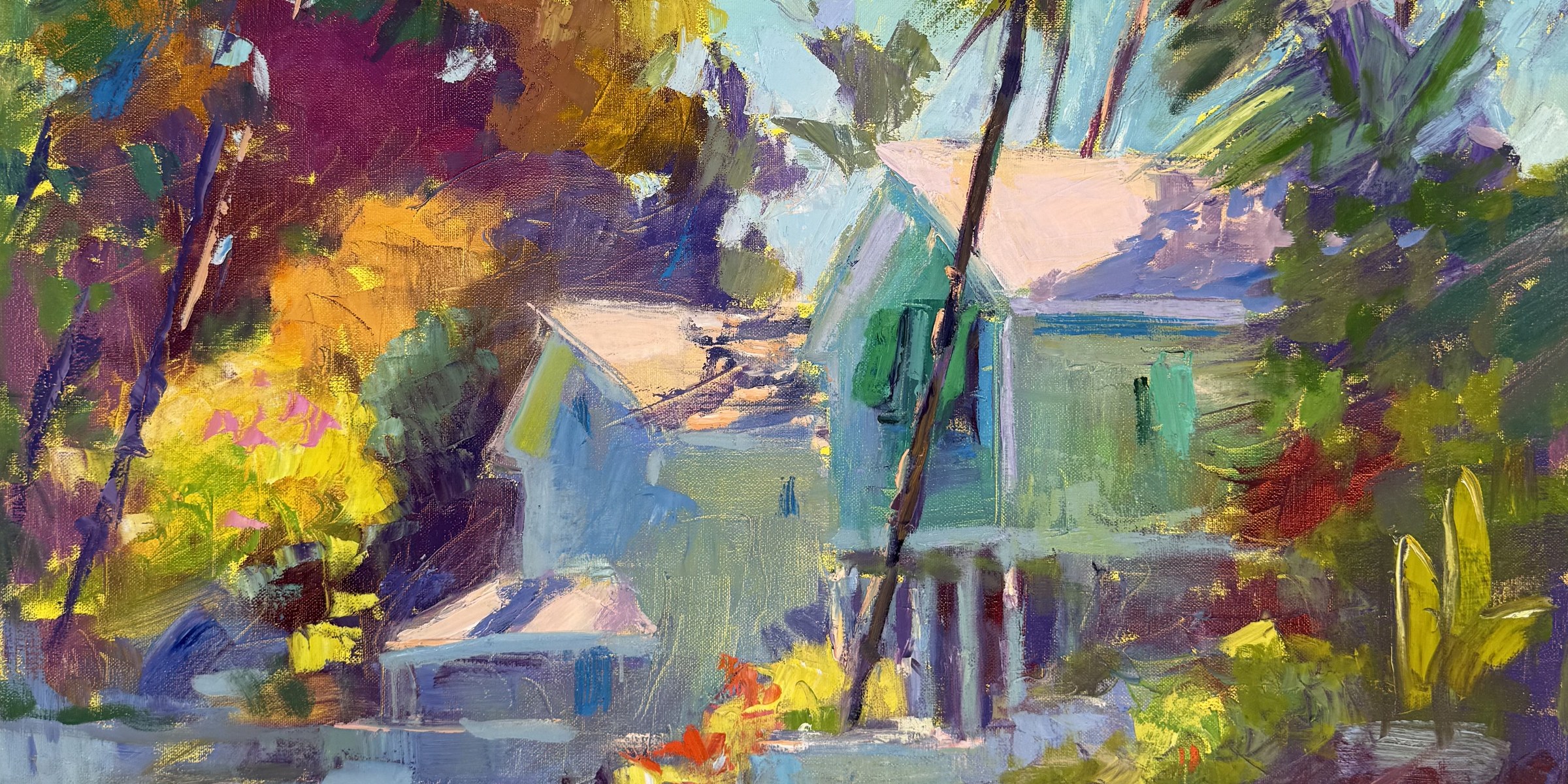 Plein-air oil painting of a green Key West conch cottage set in lush tropical foliage.