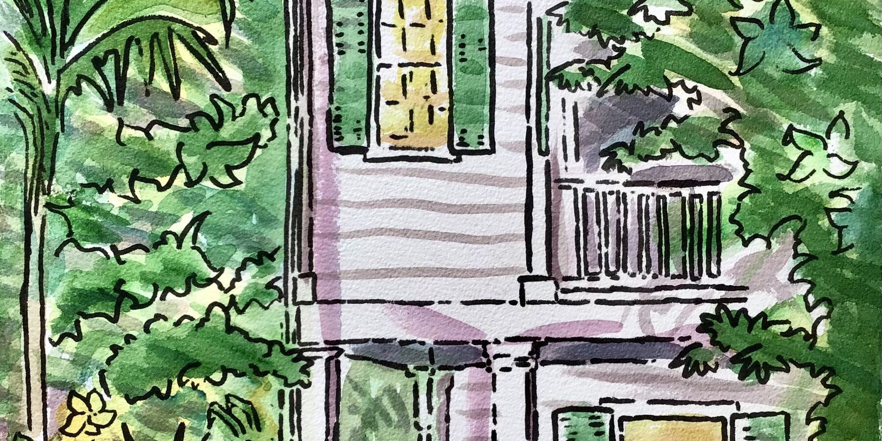 Pen and watercolour study of a Key West house behind a picket fence, worked in greens and soft violet.