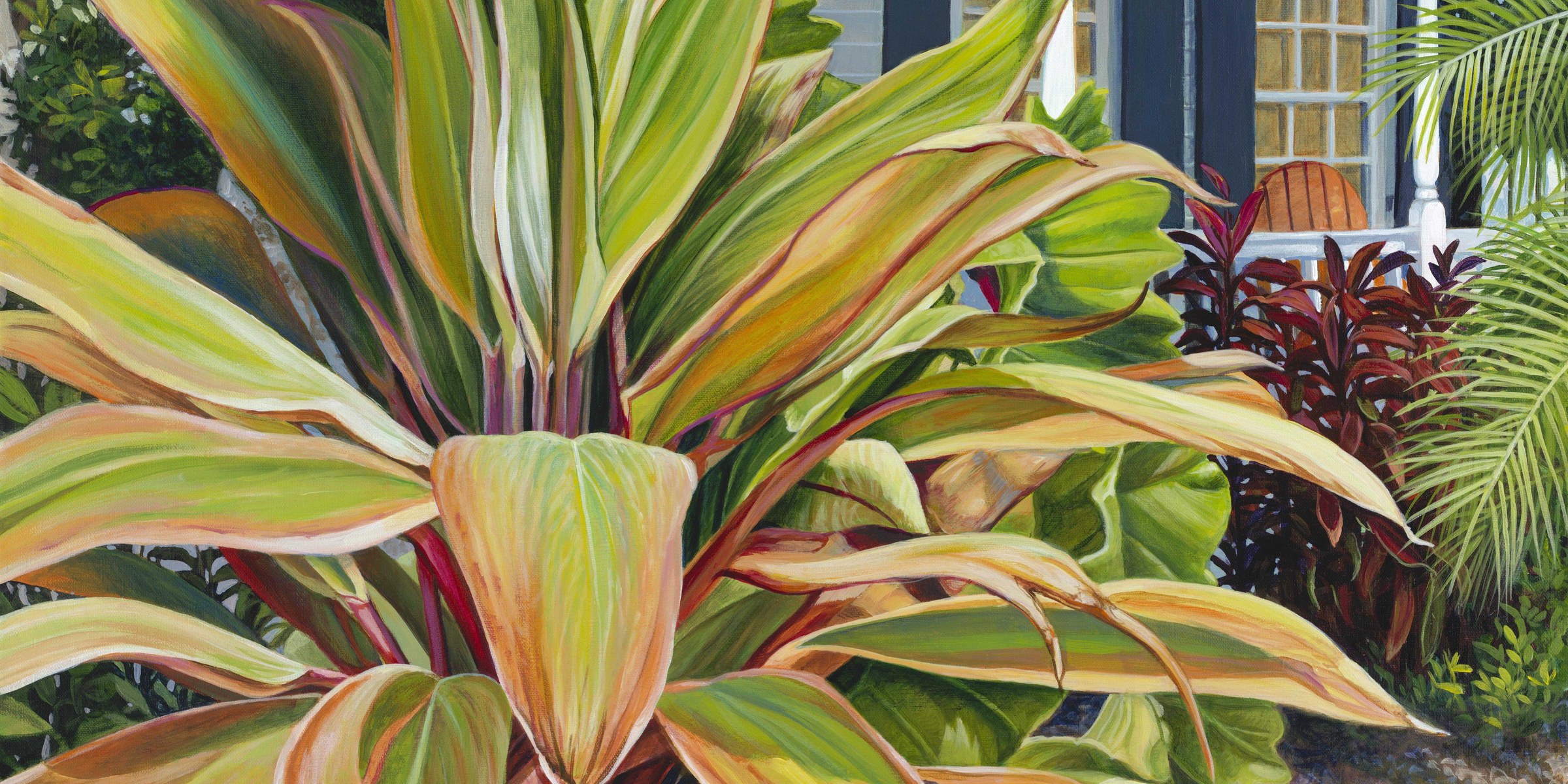 Painting of a multi-coloured ti plant in the foreground against a white Key West conch cottage.