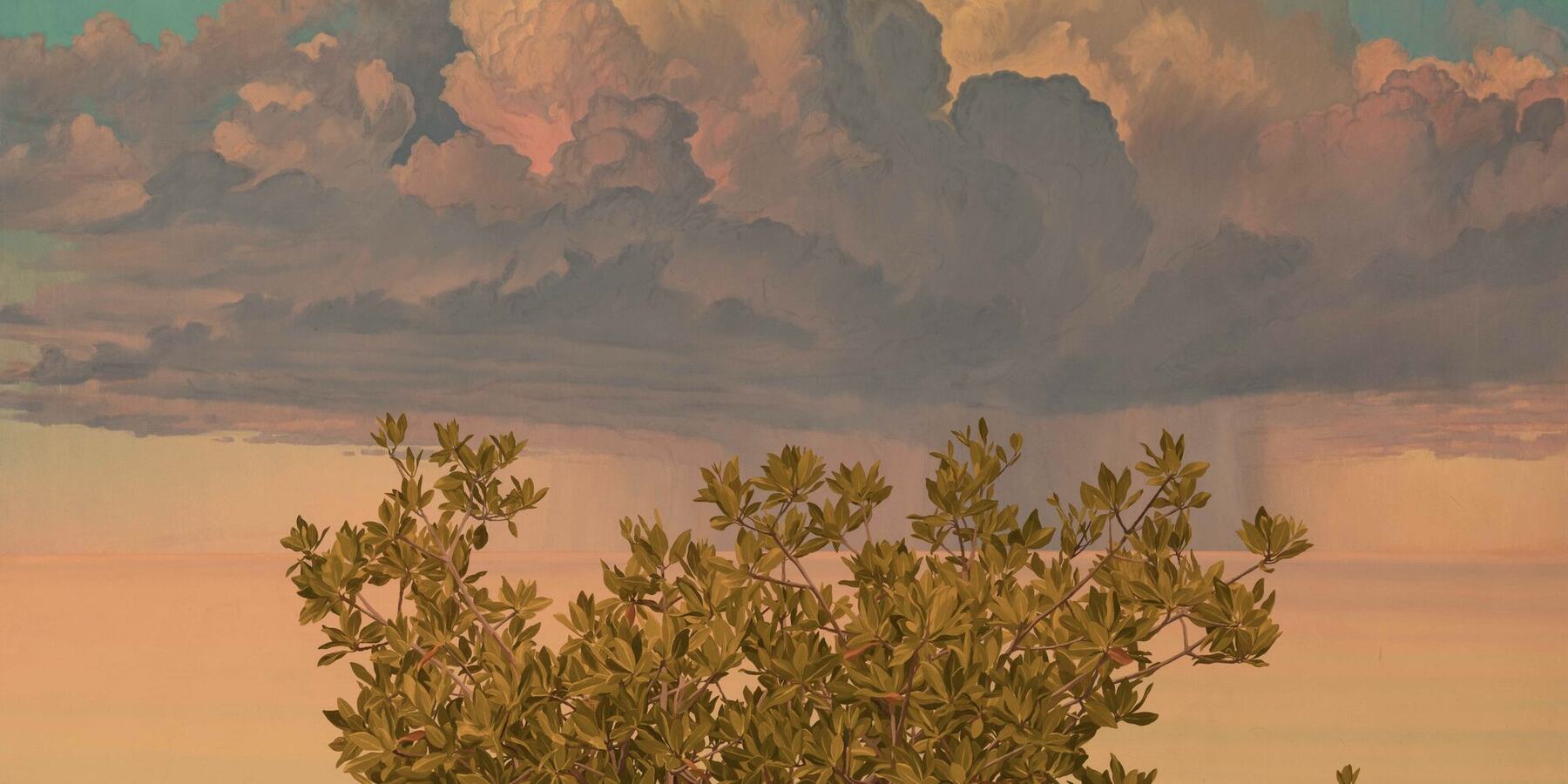 Luminous painting of a towering golden cloud over still water, with low mangroves catching the last light.