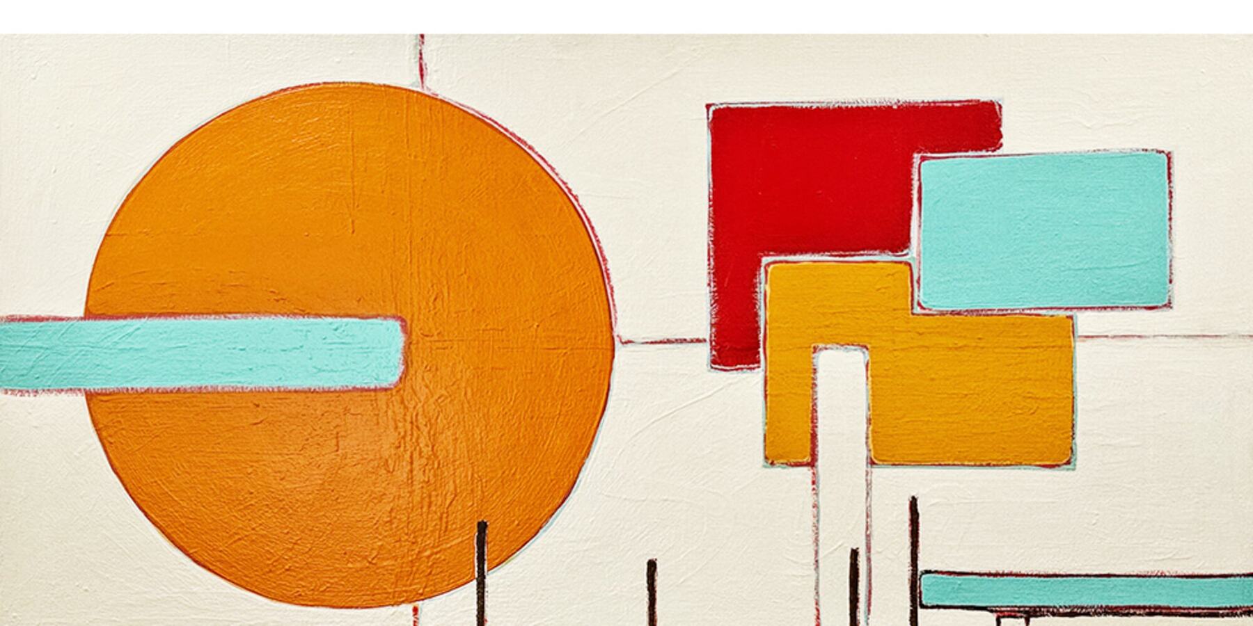 Hard-edged abstract in orange, red, gold and pale turquoise on a cream ground.