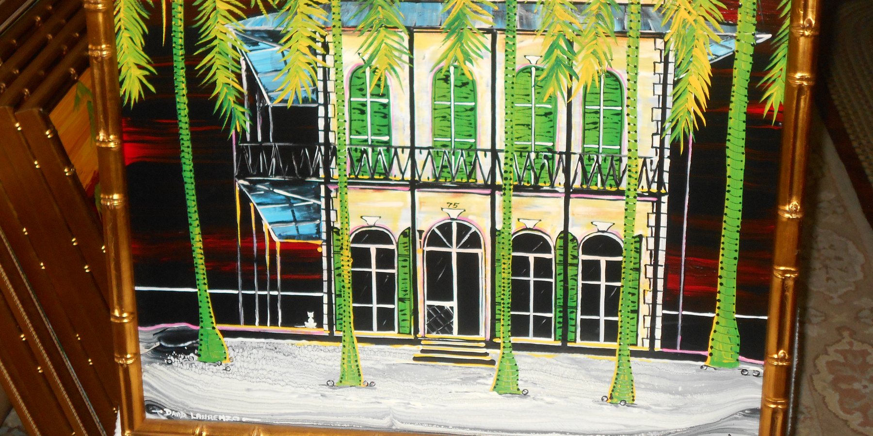 Painting of a two-storey Key West conch house with green shutters, framed by tall palms.