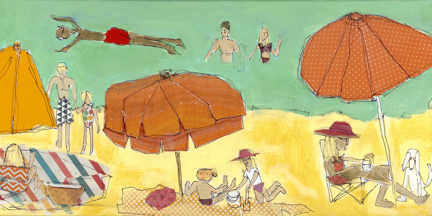 Painting of a crowded beach under orange umbrellas, figures swimming, walking and lounging.