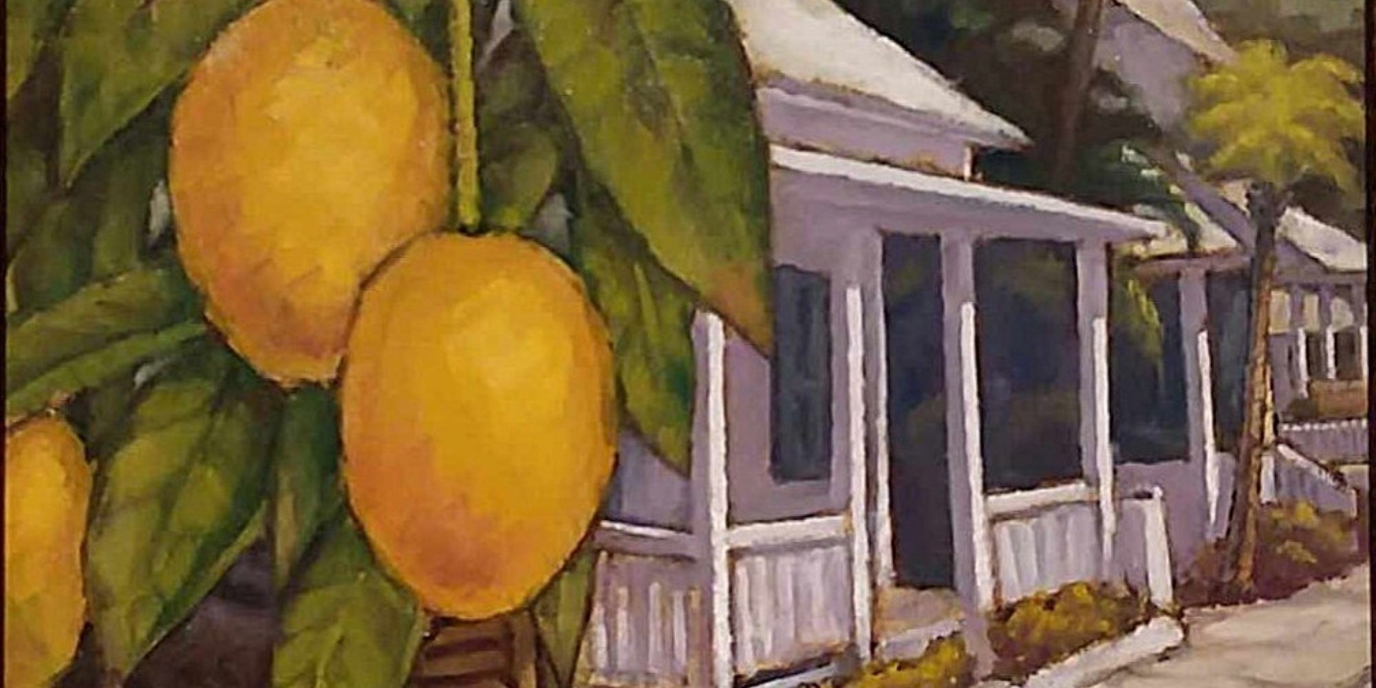 Oil painting of ripe mangos hanging over a white picket fence beside a Key West conch cottage.