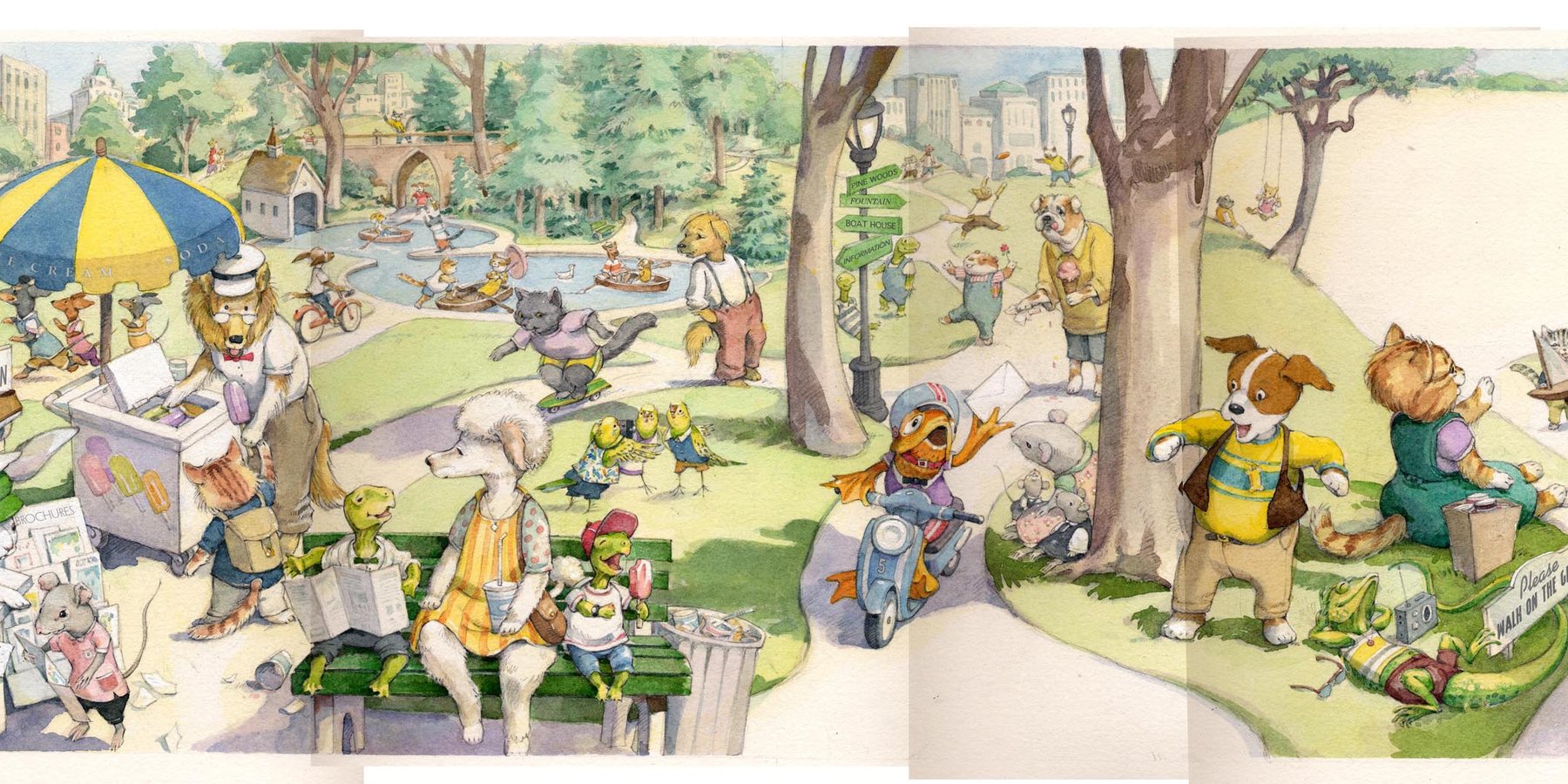 Illustrated park scene crowded with animal characters at play, in the manner of a storybook spread.