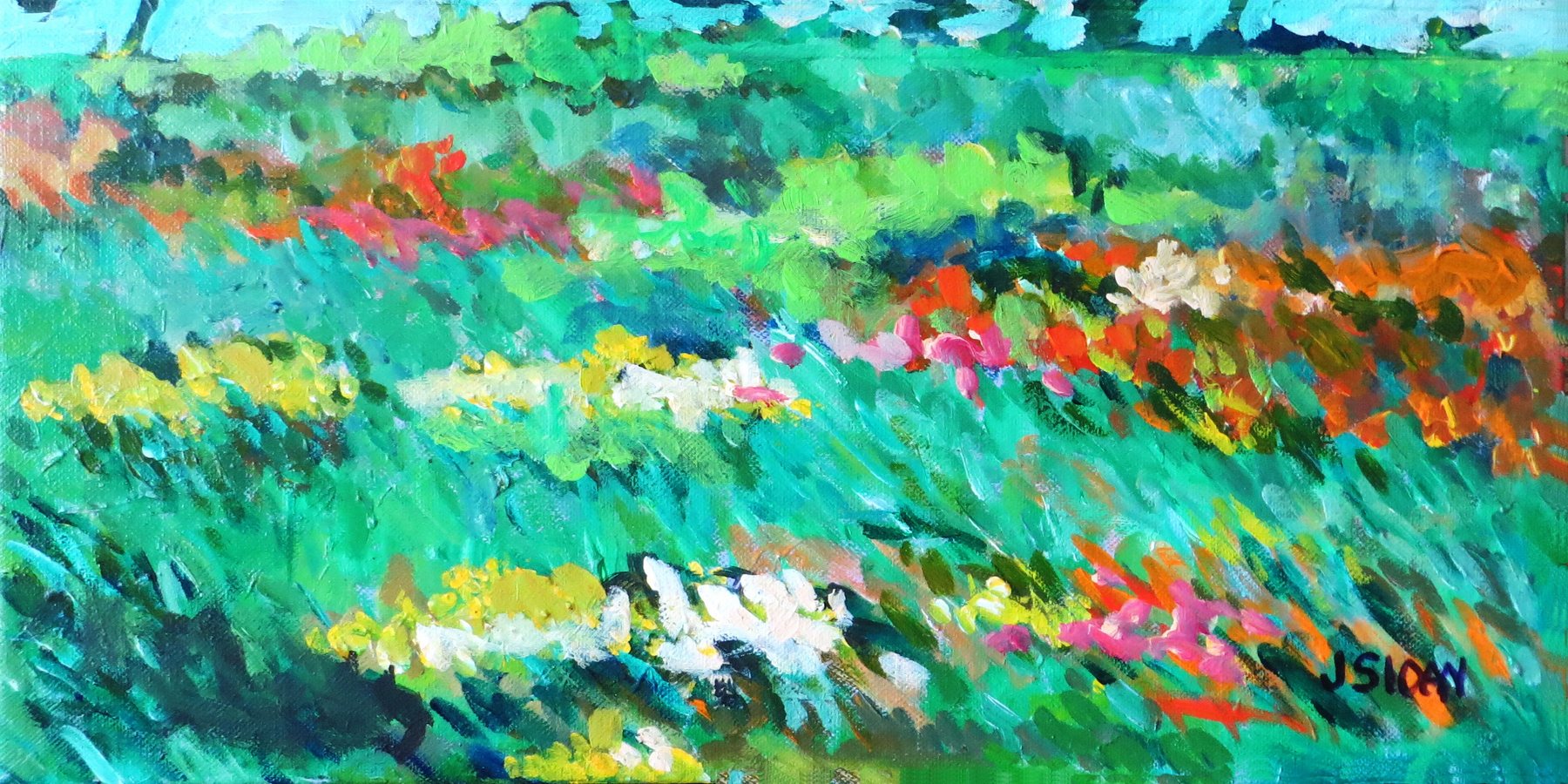 Vivid painting of Keys backcountry: greens and blues broken by flecks of pink and orange.