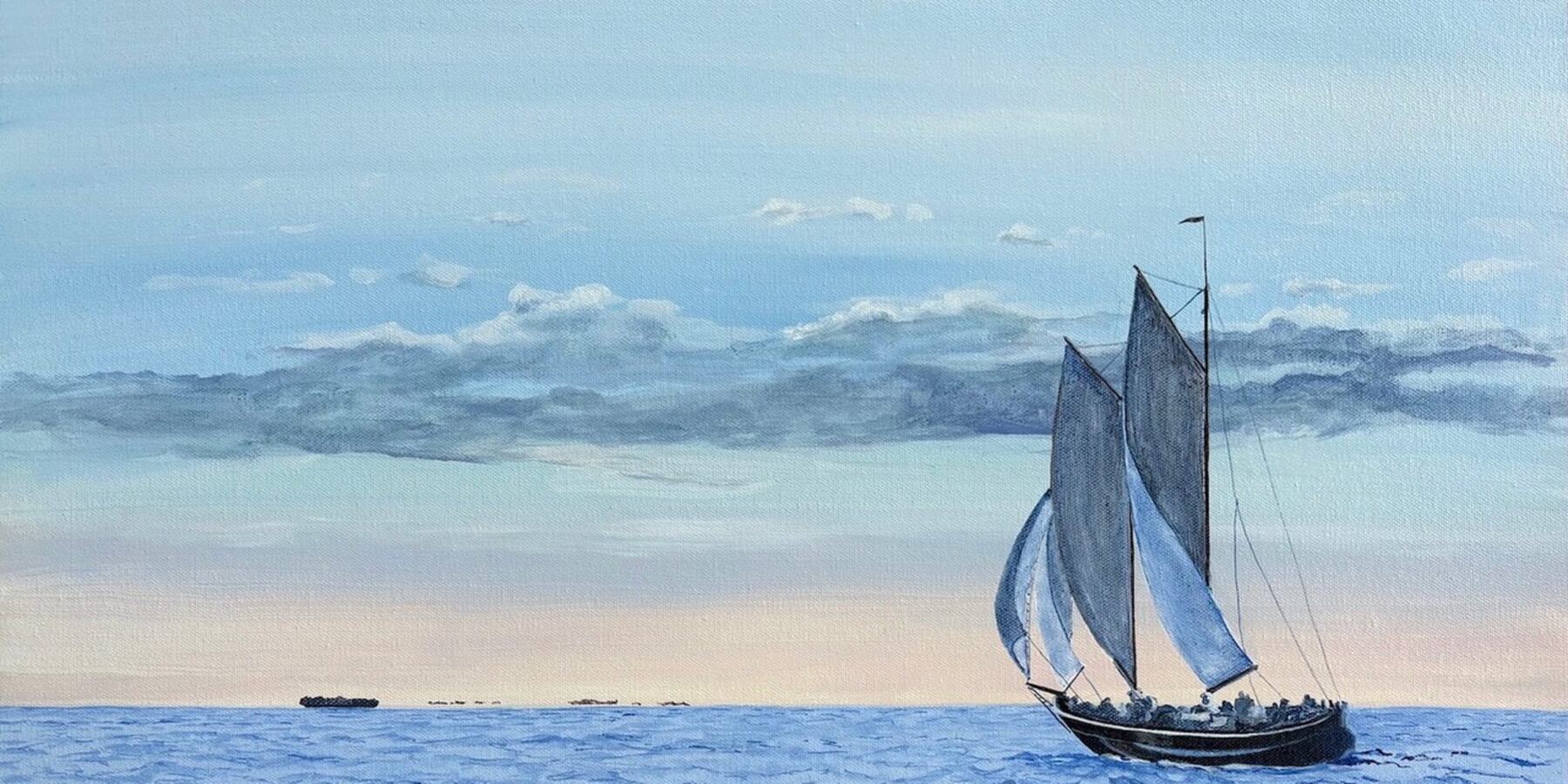 A schooner under full sail on calm open water beneath a long bank of cloud.