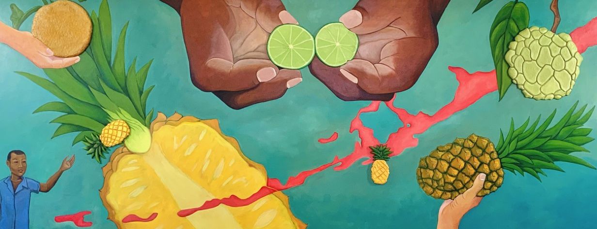 Mural of hands offering limes, pineapples and breadfruit against a deep green ground.