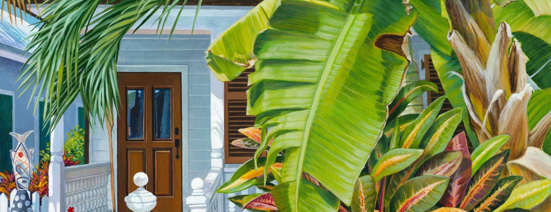 Painting of a pale blue conch cottage with a wooden door, framed by a broad banana leaf and crotons.