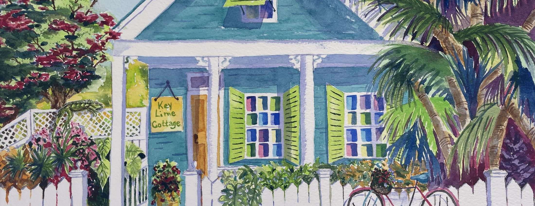 Watercolor of a blue conch cottage with lime green shutters behind a white picket fence, palms and a red bicycle beside it.