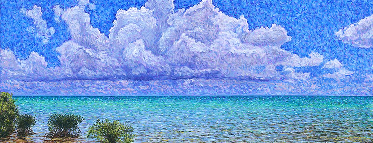 Painting of towering white thunderheads over shallow turquoise water, with low mangroves along the shoreline.