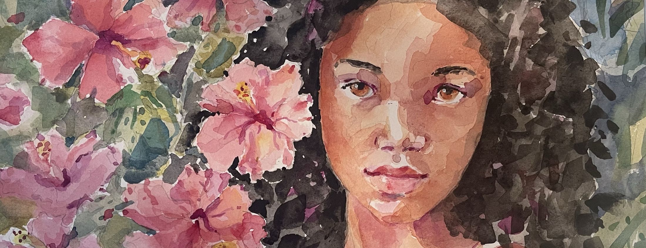 Watercolor portrait of a young woman among pink hibiscus blossoms.