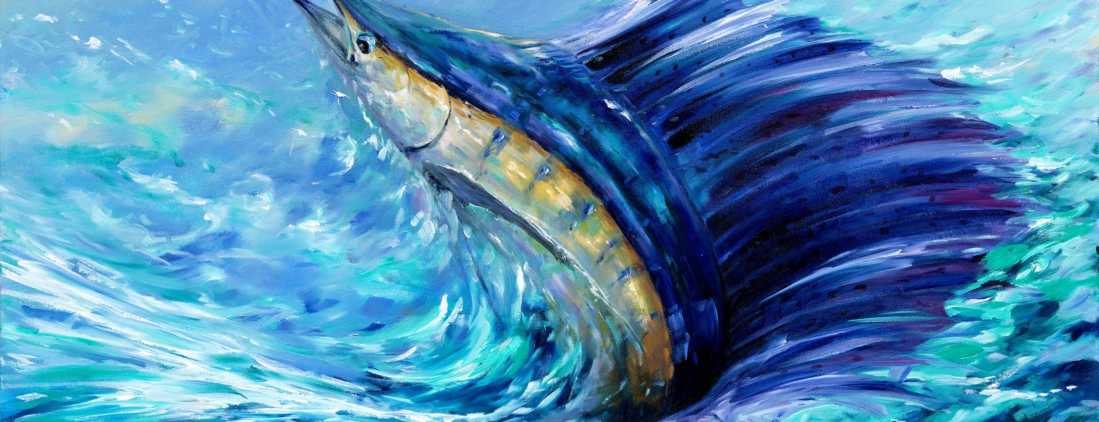 Painting of a sailfish breaking through a curling turquoise wave, its dorsal fin fanned wide.