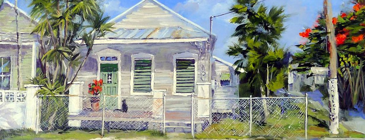 Painting of a white Key West cottage with green shutters behind a chain link fence, palms and flame vine along the street.