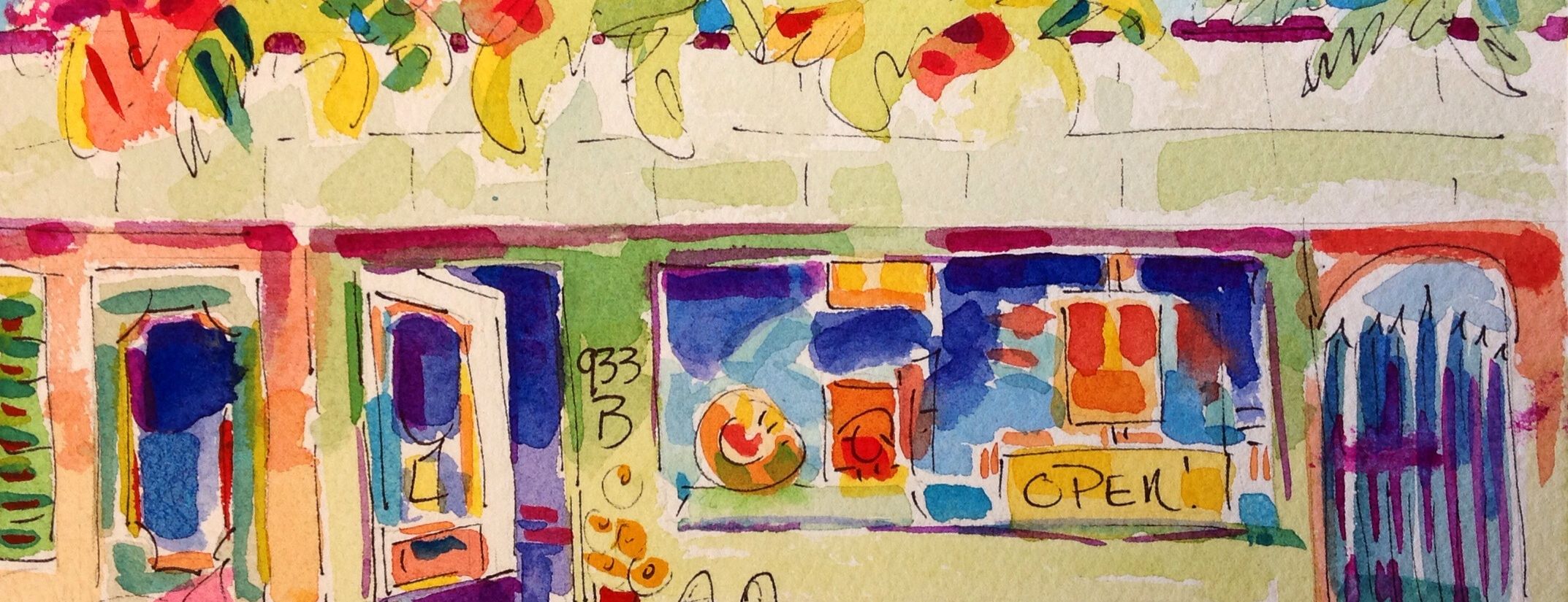 Vivid pen and watercolor of a Fleming Street gallery front, its windows full of color and an OPEN sign in the glass.