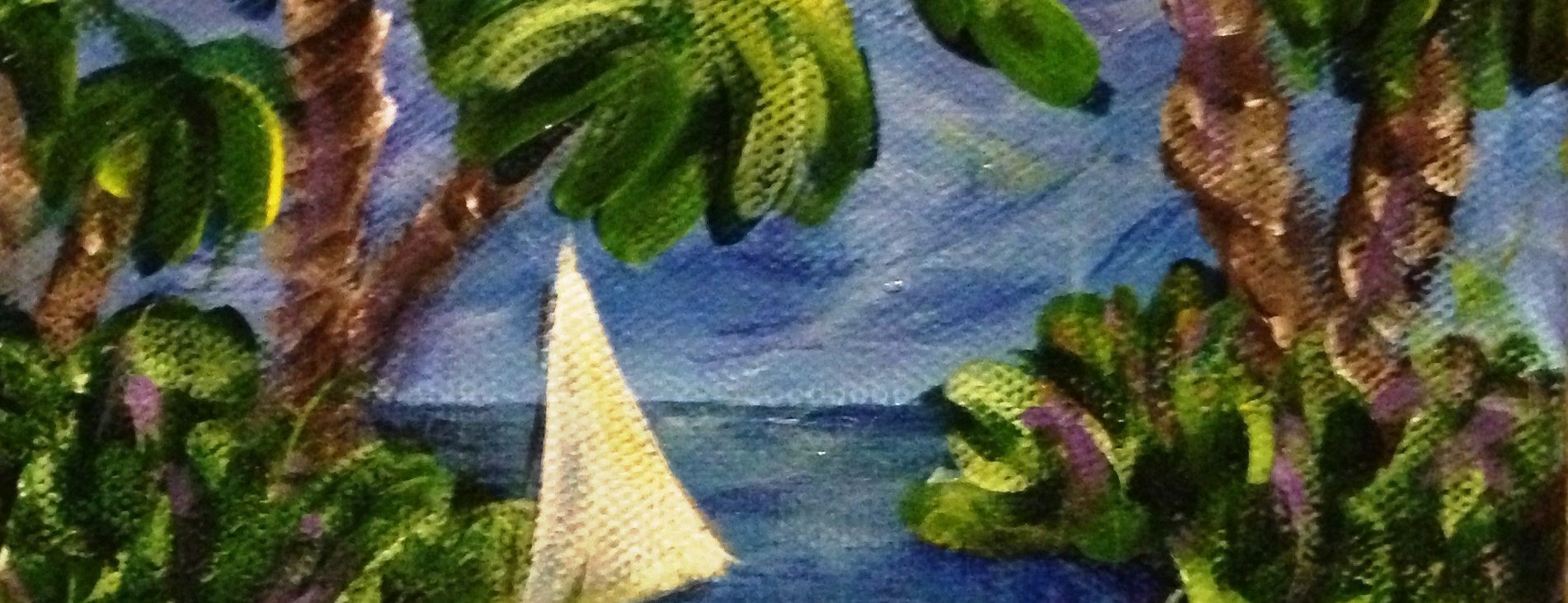 Painting of a small sailboat on dark blue water, framed by palms at night.