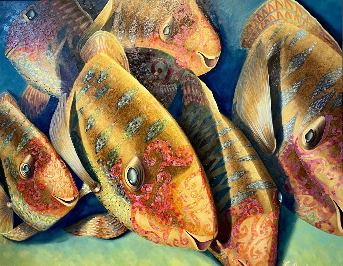 Les Perroquets, oil painting of a cluster of parrotfish in gold, coral and pink over deep blue water, Collection KeyWest