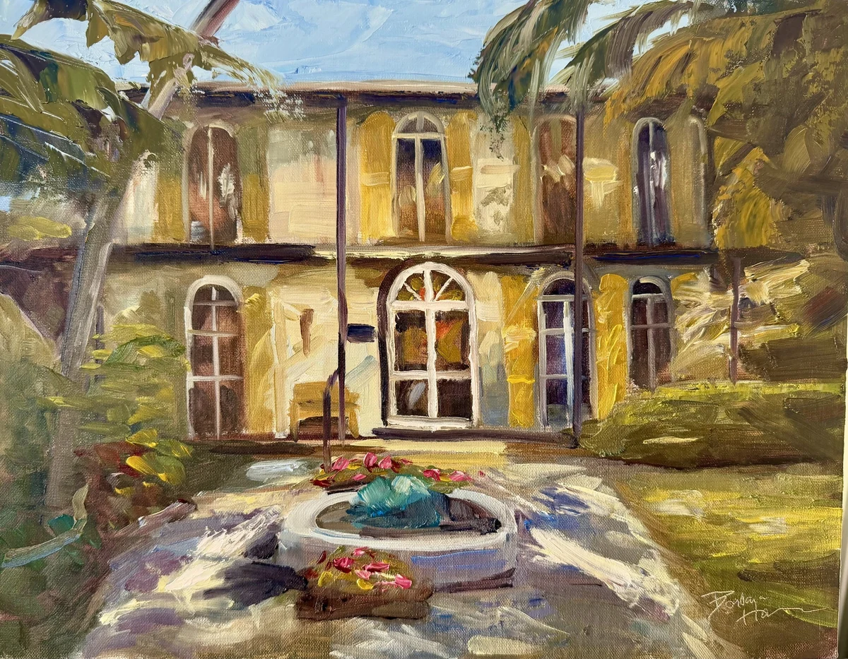 Where The Light Rests, oil painting of a yellow Key West house facade with tall arched windows, framed by palms and a garden fountain