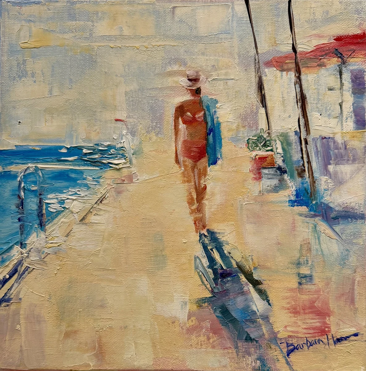Noon Crossing, oil painting of a figure in a sun hat walking a sunlit pier past beach umbrellas