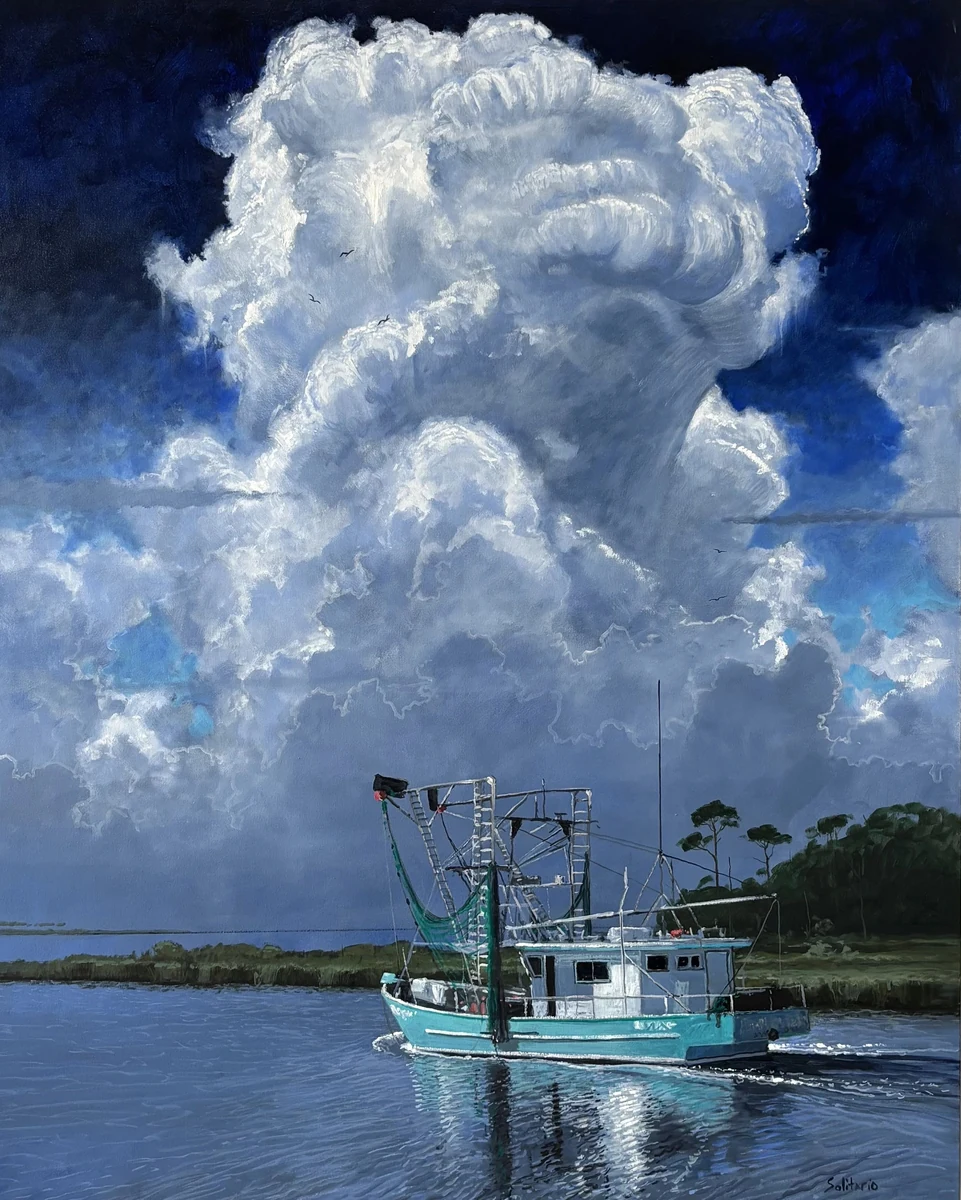 Afternoon Showers Over Shrimper, oil, 60 x 48 inches, a turquoise shrimp boat running a coastal channel under a huge billowing thunderhead
