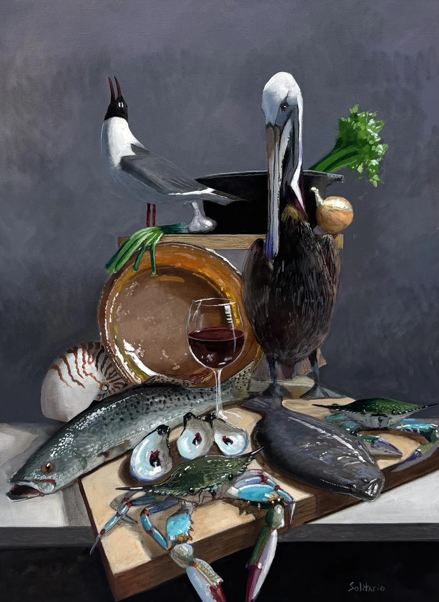 Mississippi Sound Still Life with Pelican and Laughing Gull, oil, 48 x 36 inches, a tabletop of speckled trout, blue crabs, oysters and a glass of red wine with a mounted pelican a