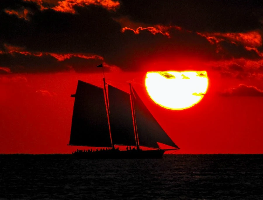 "Key West Sunset Sail Silhouette" - a schooner under full sail silhouetted against a red sky and the setting sun