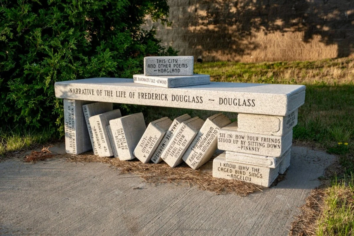 Carved granite bench, Narrative of the Life of Frederick Douglass, New Bedford