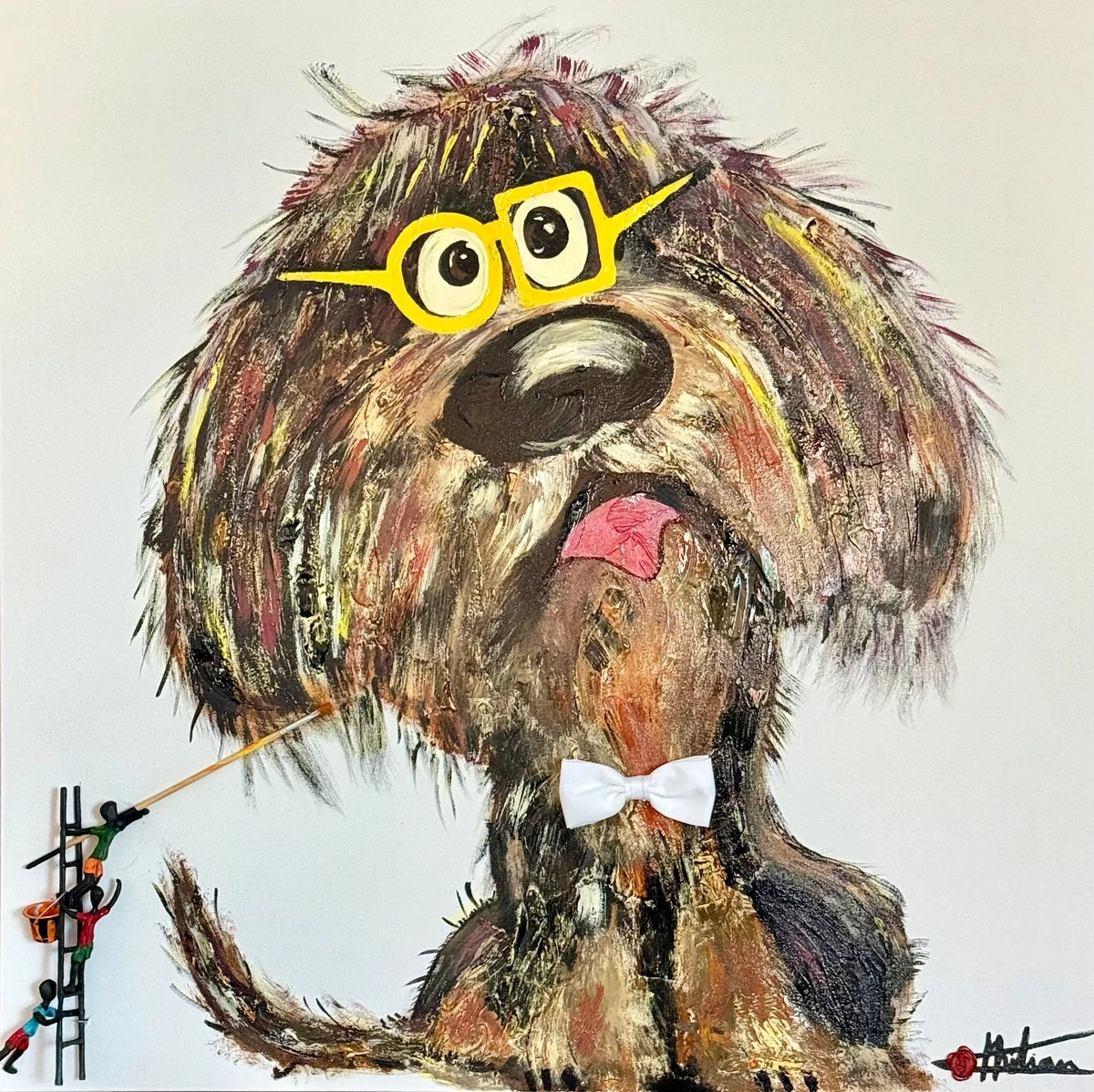 "Dog class," 36 x 36 inch mixed-media painting of a shaggy dog in yellow glasses and a white bow tie, with a small metal sculpture of figures on a ladder attached at lower left