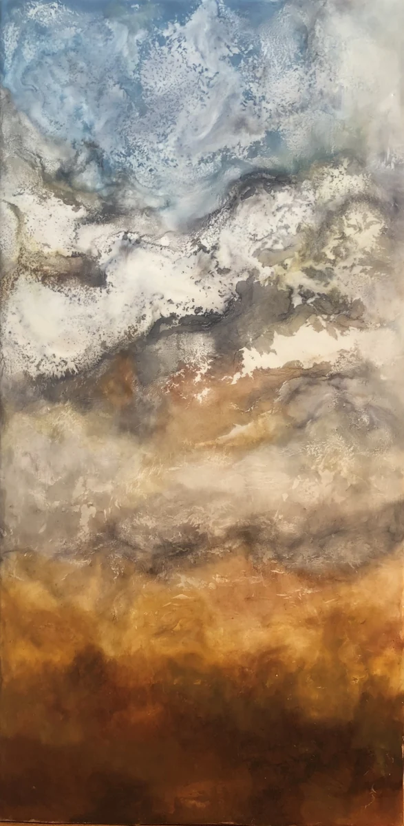 Tall encaustic seascape in blue, white and ochre, sky over surf over sand
