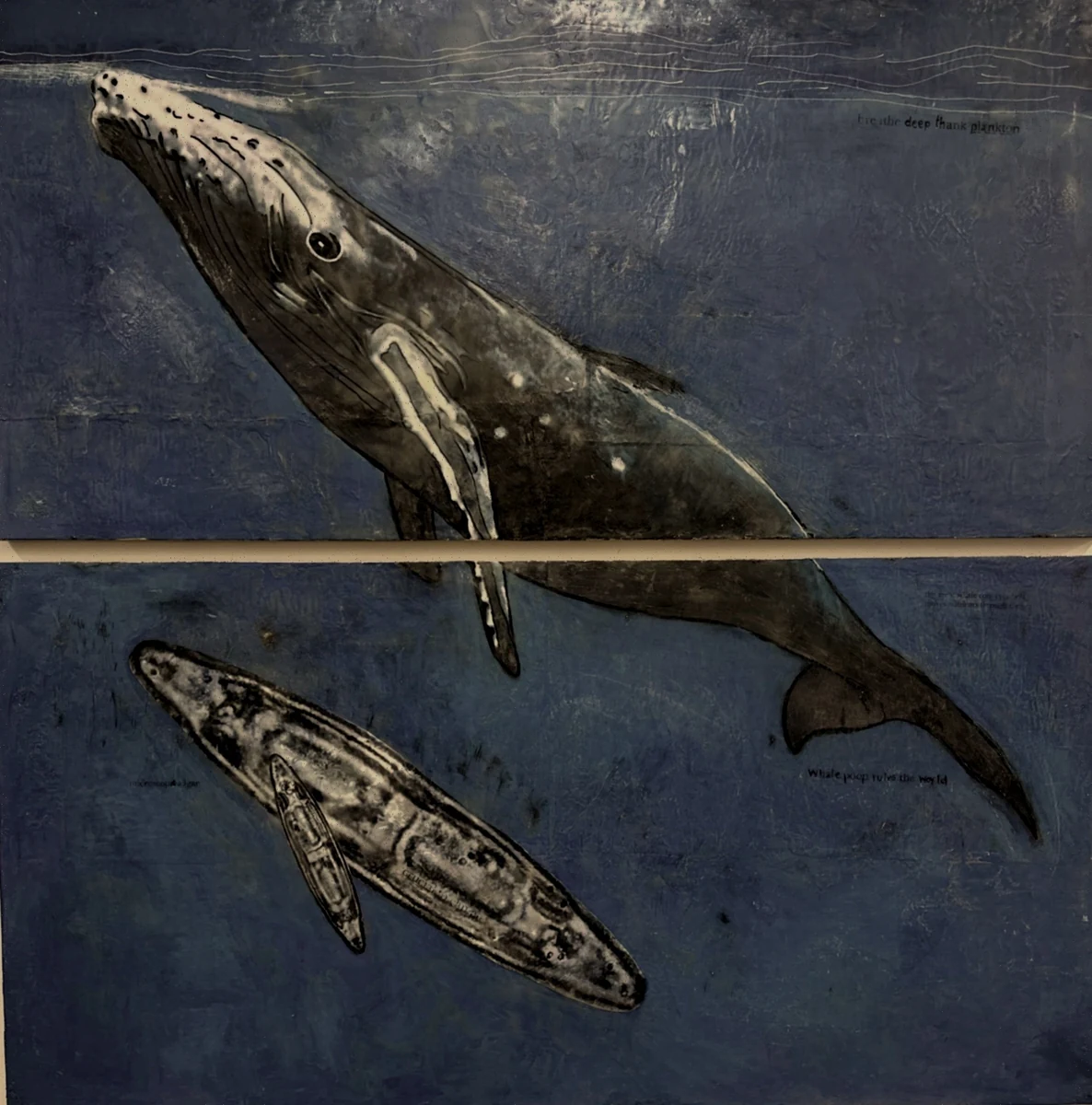 Two-panel encaustic painting of a humpback whale and a zooplankton form on deep blue