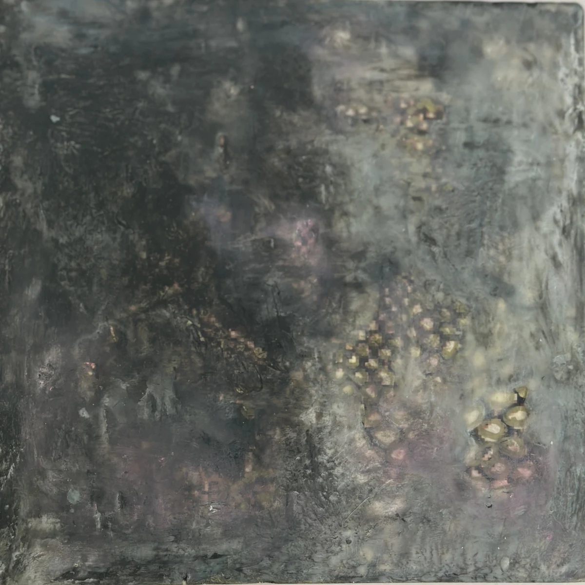 Square encaustic abstract in smoky gray and green with gold and rose flecks