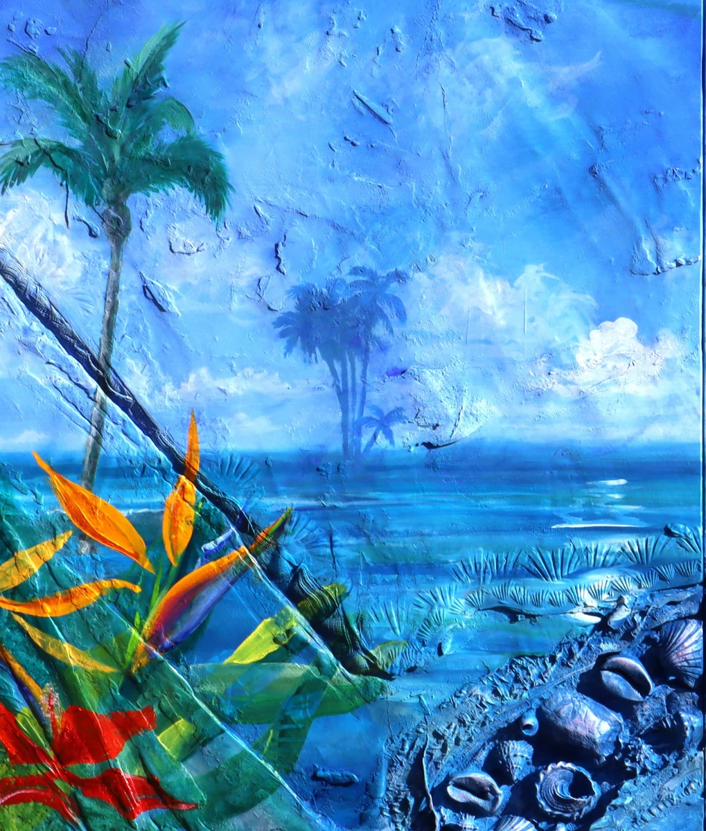 Paradise 88.8, clay-formed canvas and oil, 2021, commissioned by the Florida Keys Council of the Arts: palms and heliconia over open water with a cast shell and coral relief along 