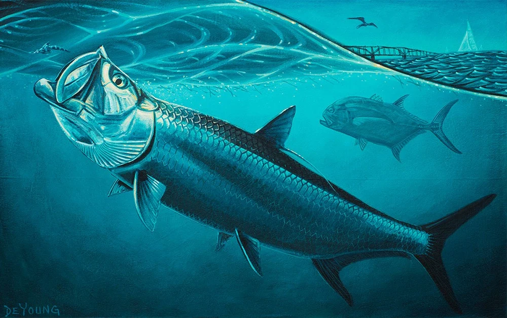 "Oceanside - Bahia Honda", a tarpon rolling in turquoise water below the Bahia Honda bridge
