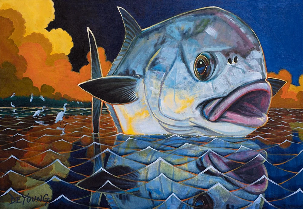 "Permitopia 2", a permit at the surface of the flats against an orange thunderhead sky with wading egrets