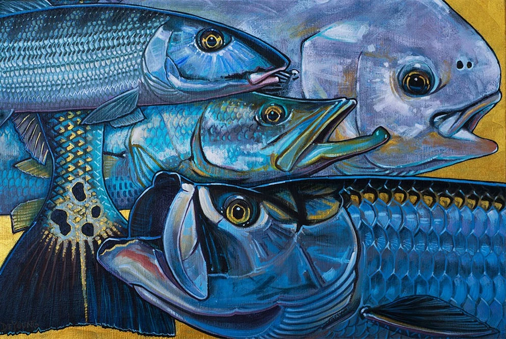 "Keys - Grand Slam", bonefish, permit and tarpon overlapping in blue and gold