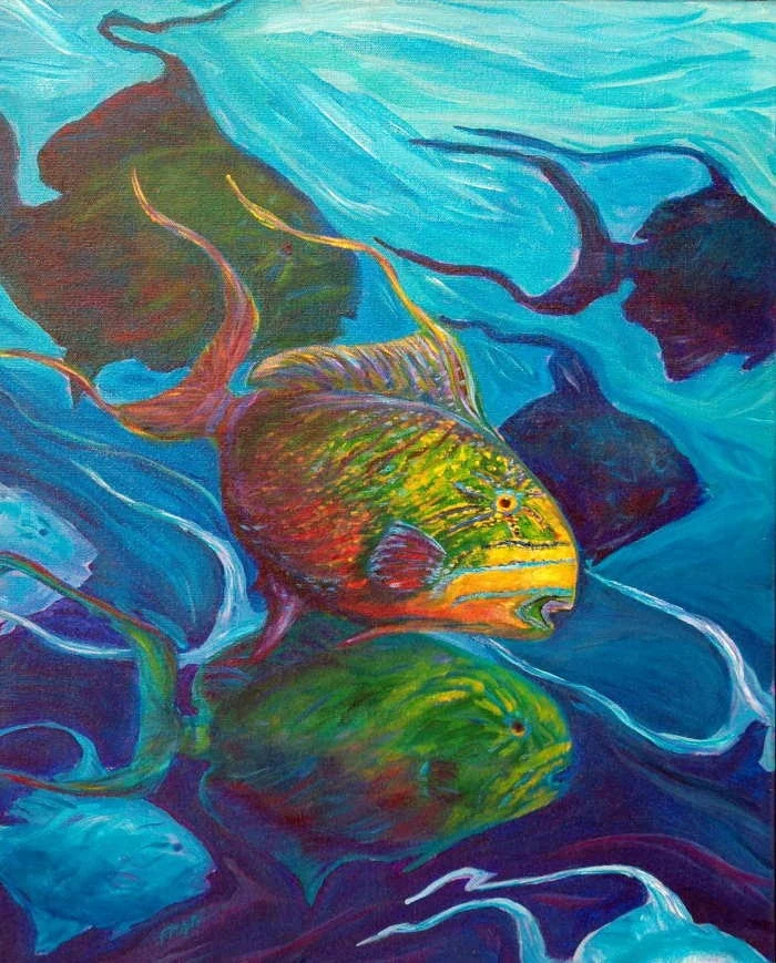 "School of Queens II" - acrylic painting of queen triggerfish in turquoise water, painted from a dive in the Keys; original acrylic on masterwrap canvas, 16 x 20