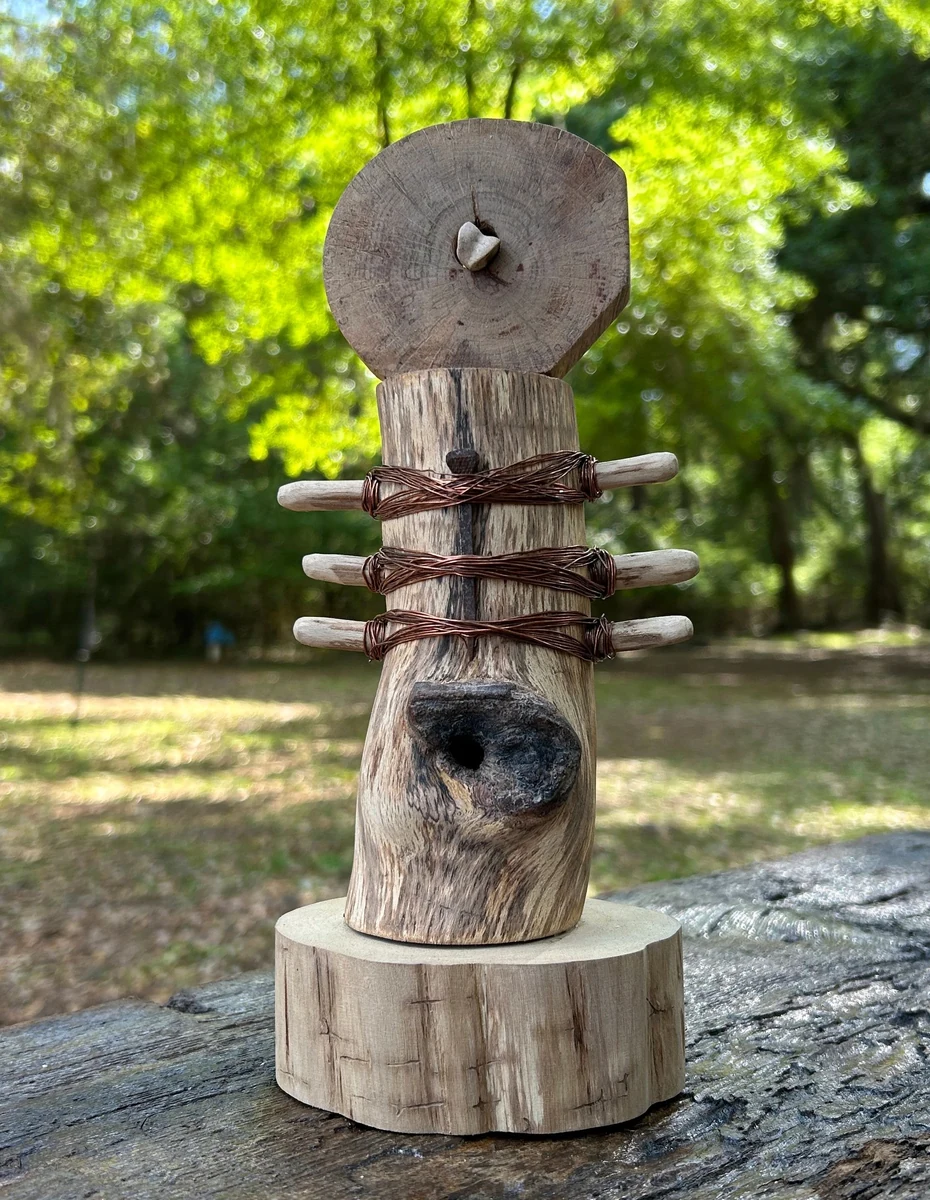 Humanoids I, 2025, a standing figure built from salvaged oak, wire and found objects