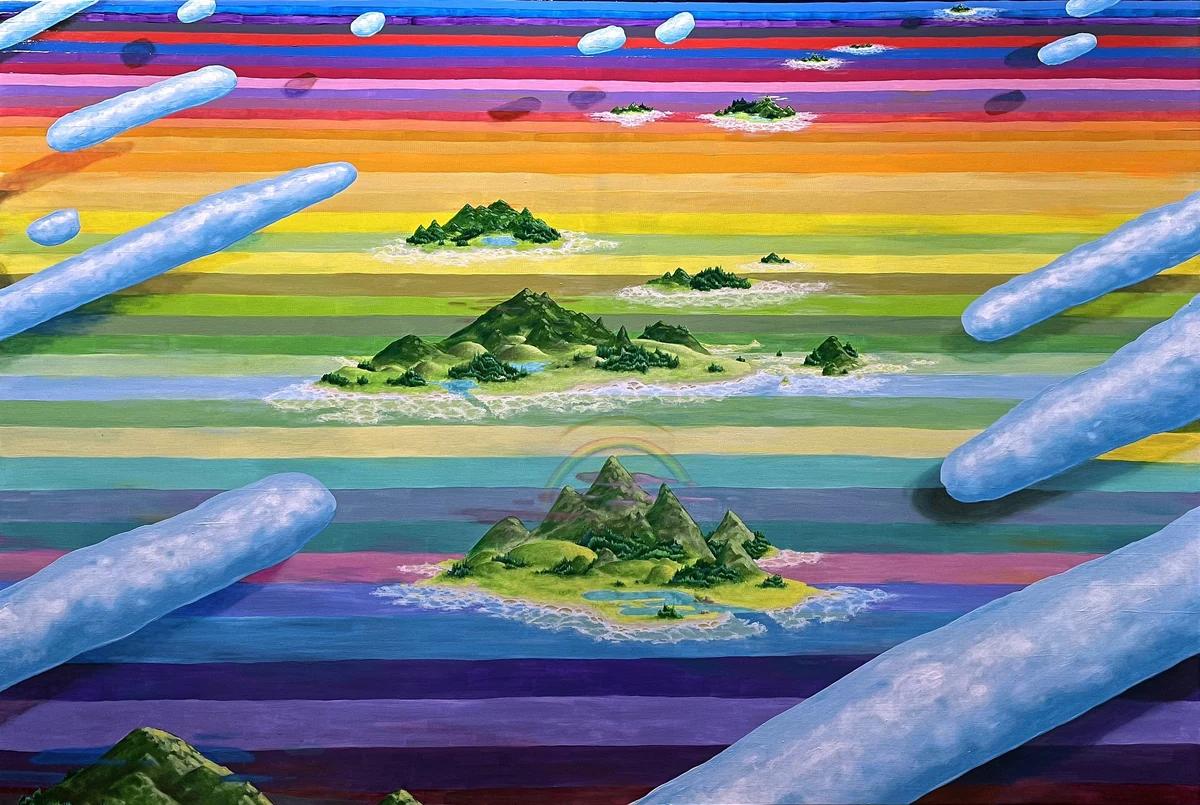 Islands Before They Floated, acrylic and color pencils on canvas, 2021: green mountainous islands floating over horizontal rainbow bands with pale blue capsule forms falling across