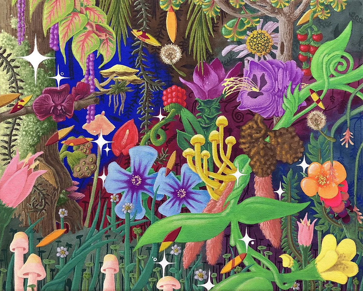 Flora, gouache on raw canvas, 2020: a dense jungle of orchids, mushrooms, ferns and blossoms in saturated color
