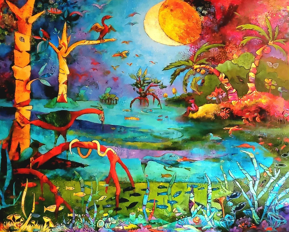 "Midnight at the Oasis" (60 x 48 acrylic), roseate spoonbills and mangroves under a full moon with fish and reef below