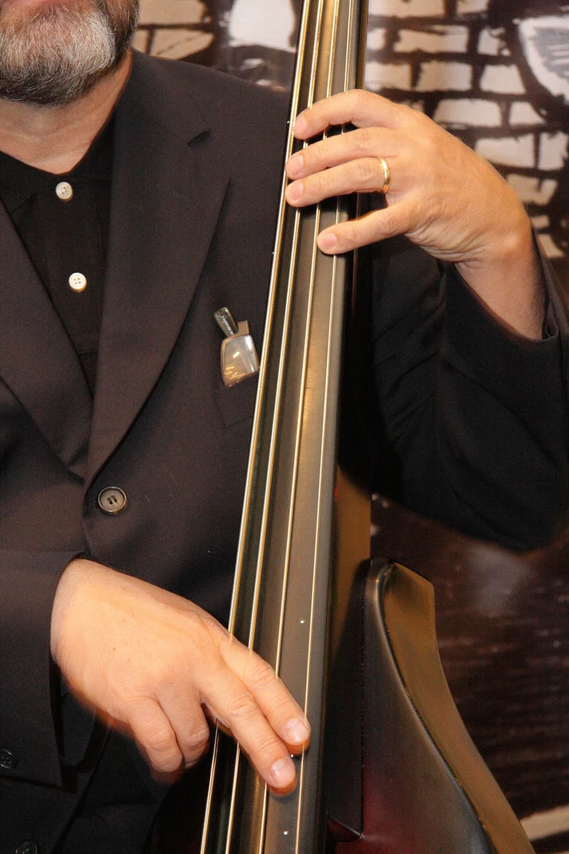 Playing the double bass in a black jacket, both hands on the strings, framed close on the instrument