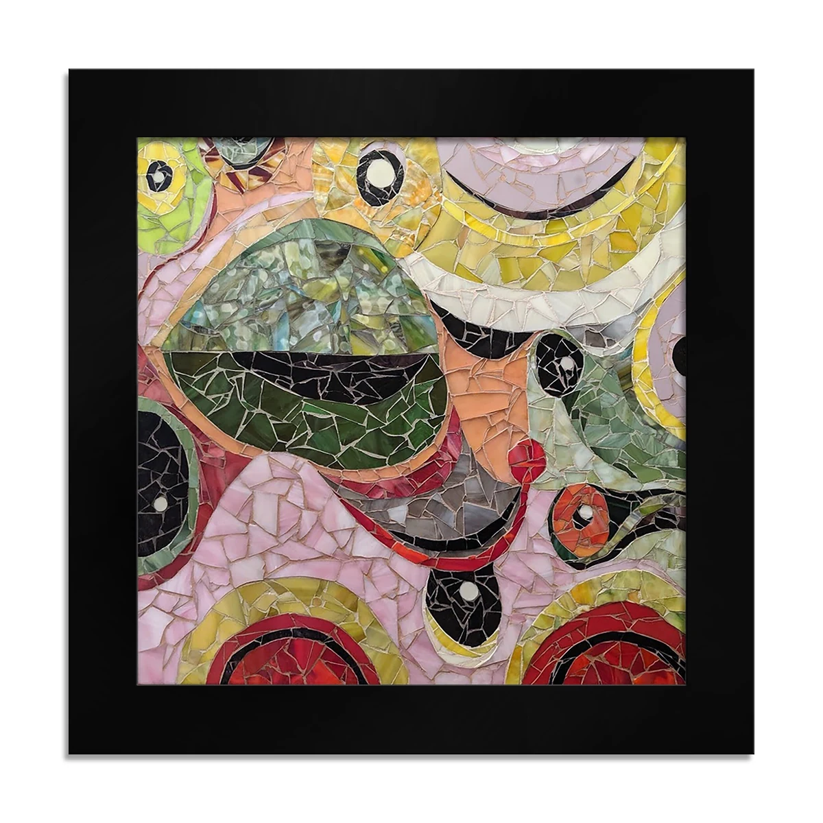 70's Conception, a framed glass mosaic of overlapping discs and crescents in pink, olive, yellow and red
