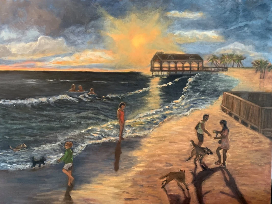 Meet me at Dog Beach, oil painting, 30 x 40 inches: sunset over the surf with children and dogs on the sand beside a pier