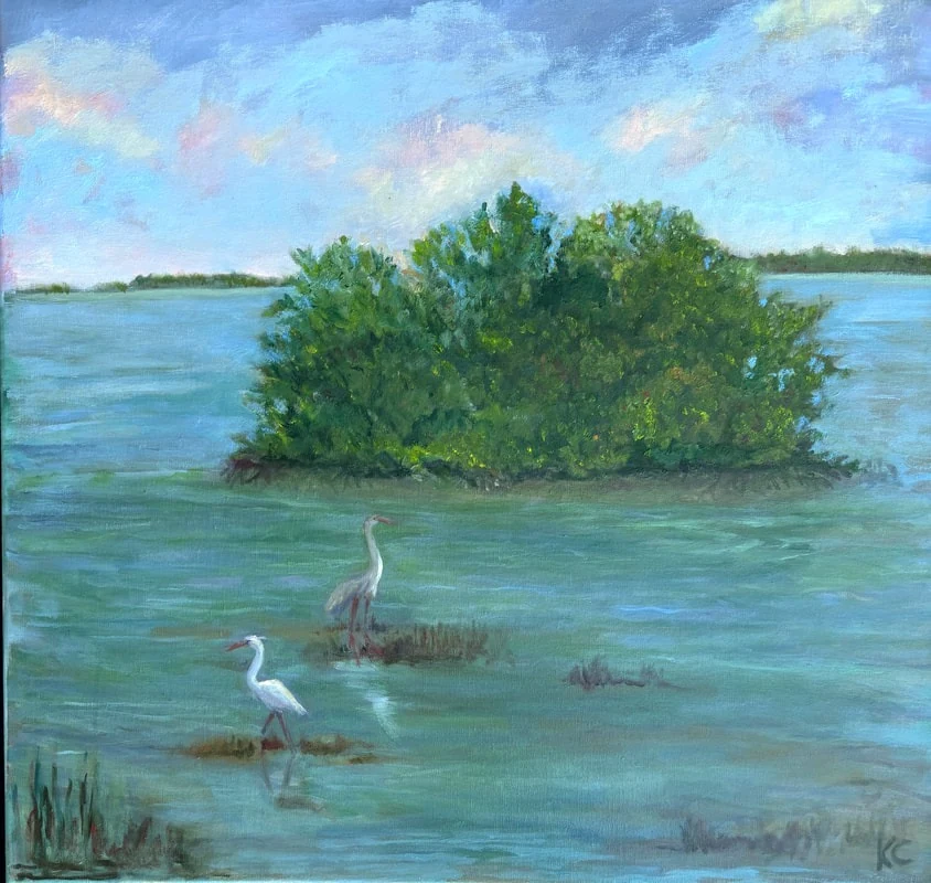 Herons Watch, oil on linen, 24 x 24 inches: two white herons wading on a shallow flat before a mangrove island