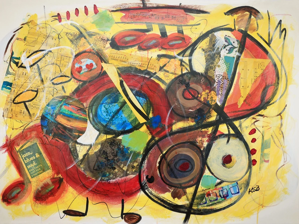 Jazz, Blues, and Soul, acrylic and collage on a yellow ground with sweeping black lines, red arcs and collaged circles that read as records and instruments
