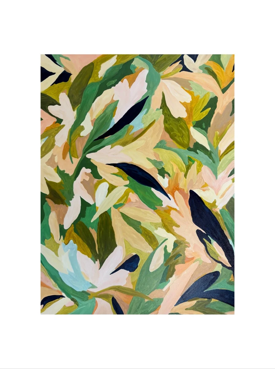 Vertical painting of abstracted leaves and blossoms in cream, olive, navy and peach