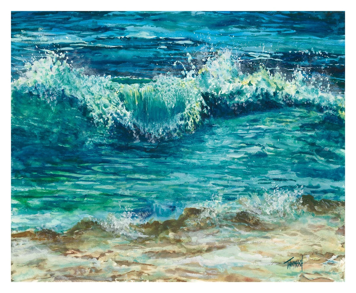 On the Rocks, watercolor, a breaking turquoise wave over a shallow rocky shoreline