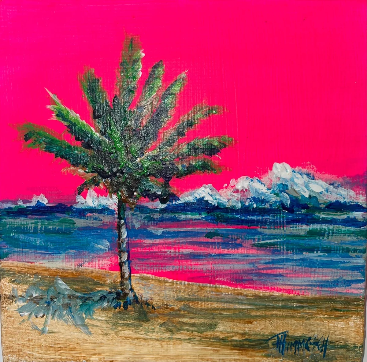Palm in Pink, acrylic on panel, a single palm on a beach against a hot pink sky